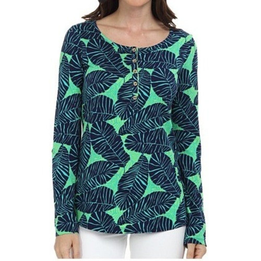 Lilly Pulitzer Etta Henley Top Navy Green Tropical Palm Leaf Cotton Slub Medium